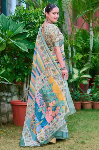 multicolor stripe cotton blend saree stripe floral print