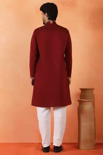 Cotton silk floral embroidered maroon kurta