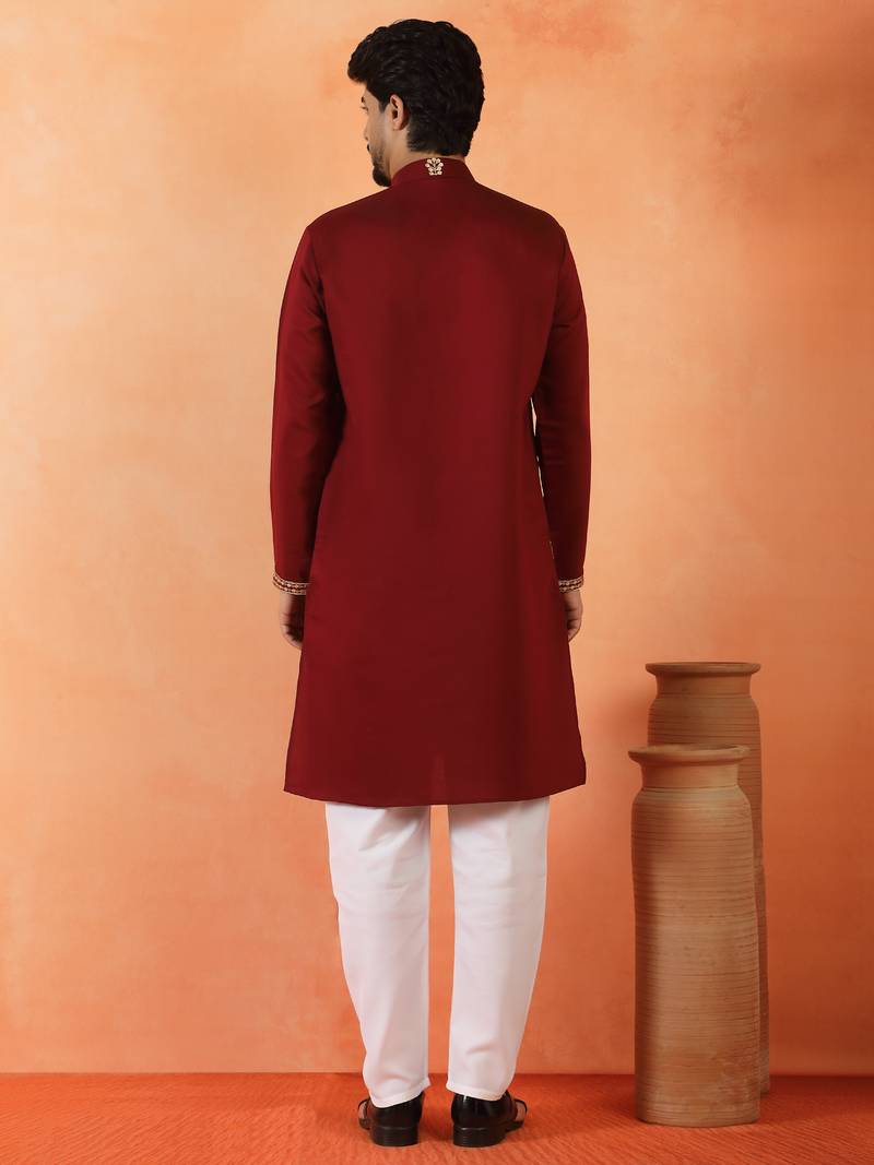 Cotton silk floral embroidered maroon kurta