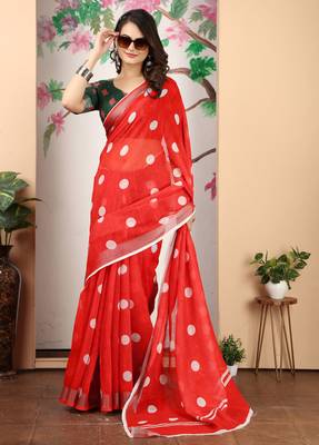 red white cotton blend saree with polka dot print 3