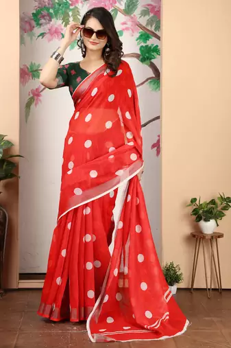 red white cotton blend saree with polka dot print