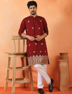 Cotton silk floral embroidered maroon kurta 4