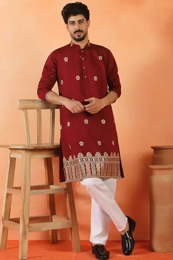 Cotton silk floral embroidered maroon kurta