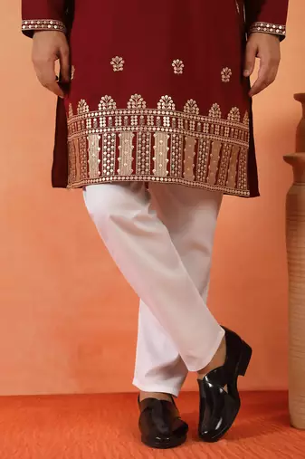 Cotton silk floral embroidered maroon kurta