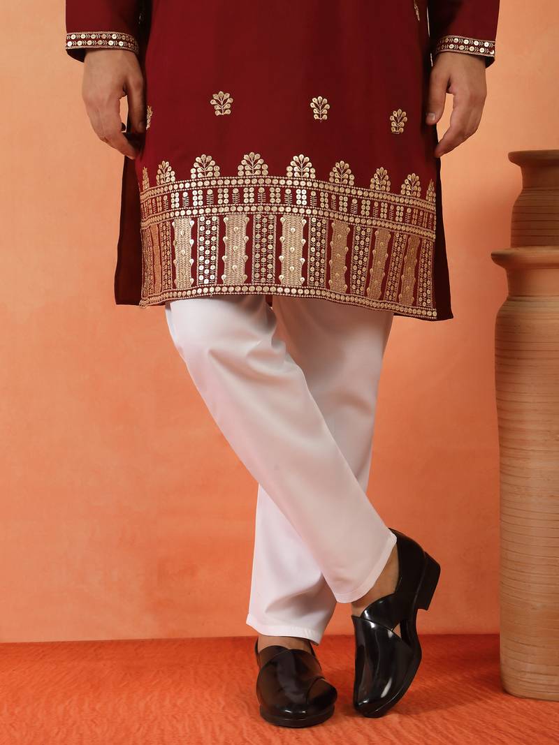 Cotton silk floral embroidered maroon kurta