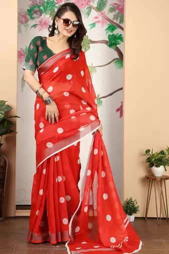 red white cotton blend saree with polka dot print