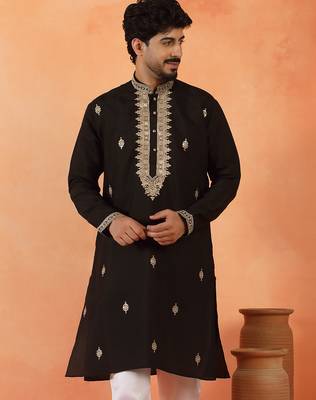 Cotton silk sequenced & embroidered black kurta 1