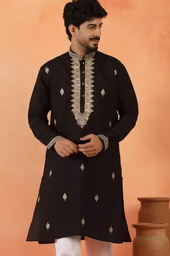 Cotton silk sequenced & embroidered black kurta