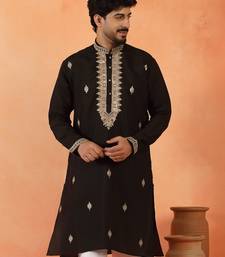 Cotton silk sequenced & embroidered black kurta