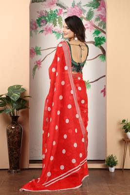 red white cotton blend saree with polka dot print 5