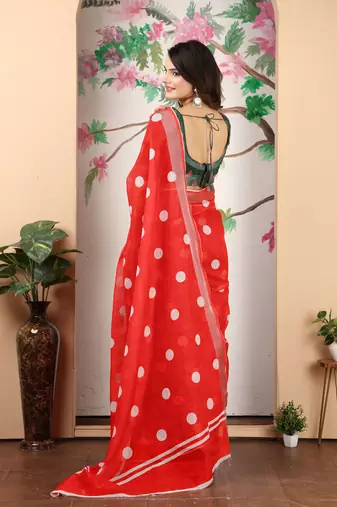 red white cotton blend saree with polka dot print