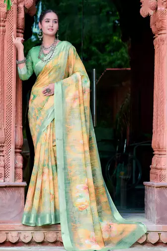 beige cotton blend saree floral print