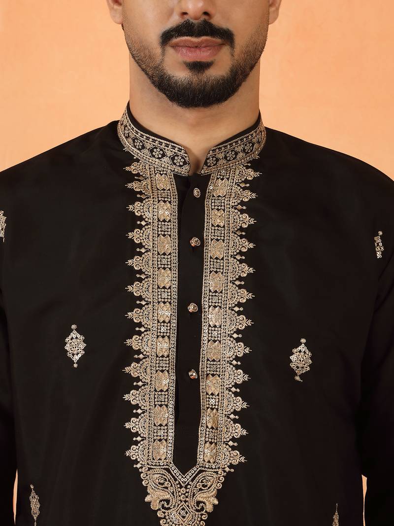 Cotton silk sequenced & embroidered black kurta