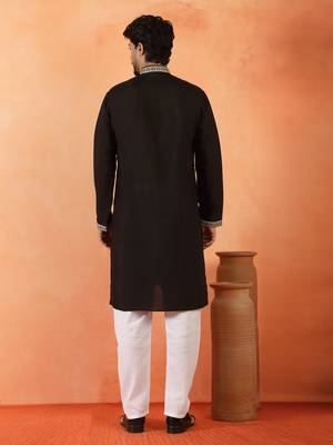Cotton silk sequenced & embroidered black kurta 3