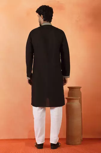 Cotton silk sequenced & embroidered black kurta
