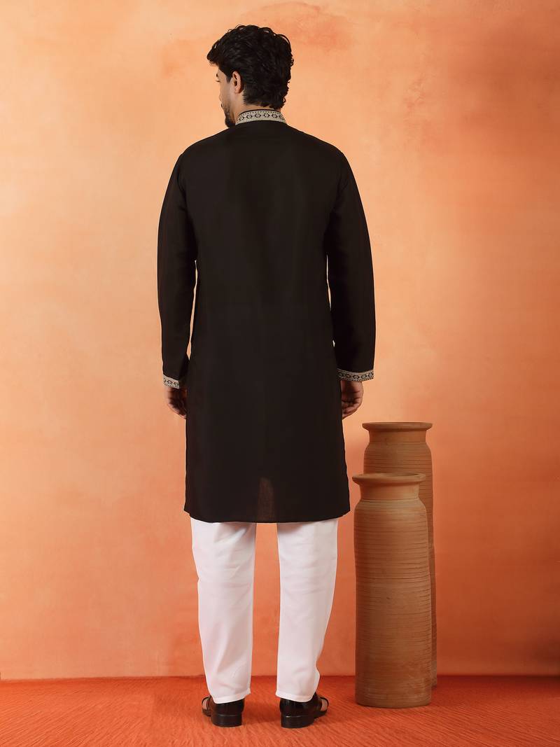 Cotton silk sequenced & embroidered black kurta