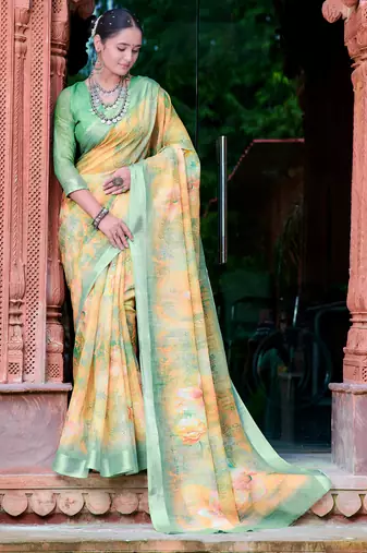 beige cotton blend saree floral print
