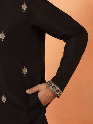 Cotton silk sequenced & embroidered black kurta 4