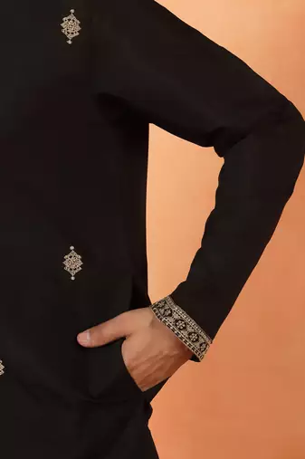 Cotton silk sequenced & embroidered black kurta