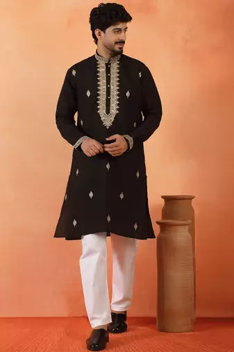 Cotton silk sequenced & embroidered black kurta