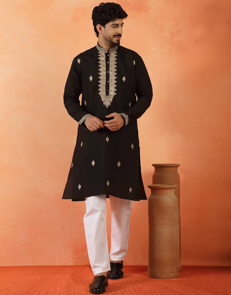 Cotton silk sequenced & embroidered black kurta