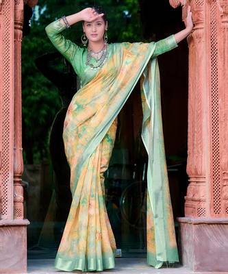 beige cotton blend saree floral print (sfcl506) 3