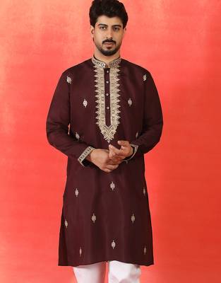 Cotton silk sequenced & embroidered maroon kurta 1