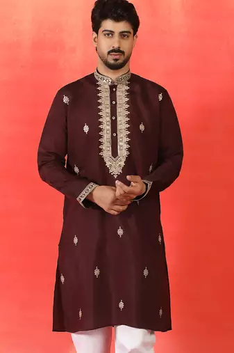 Cotton silk sequenced & embroidered maroon kurta