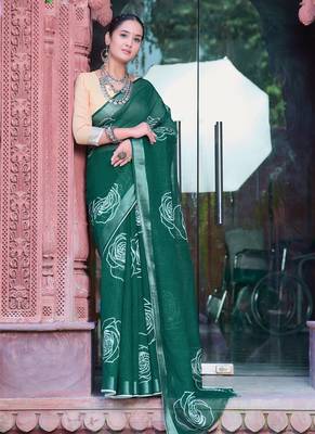 dark green cotton blend saree tonal floral print 1
