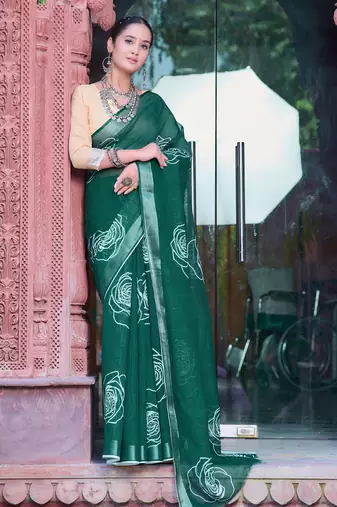 dark green cotton blend saree tonal floral print