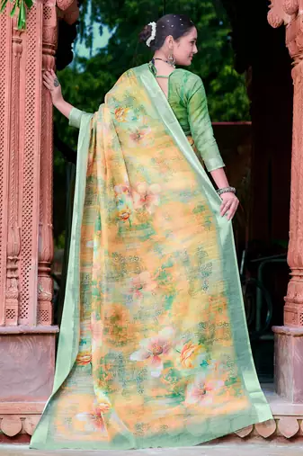beige cotton blend saree floral print