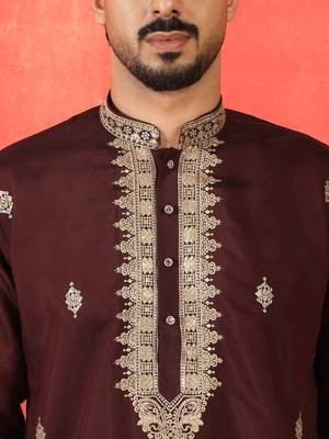 Cotton silk sequenced & embroidered maroon kurta 2
