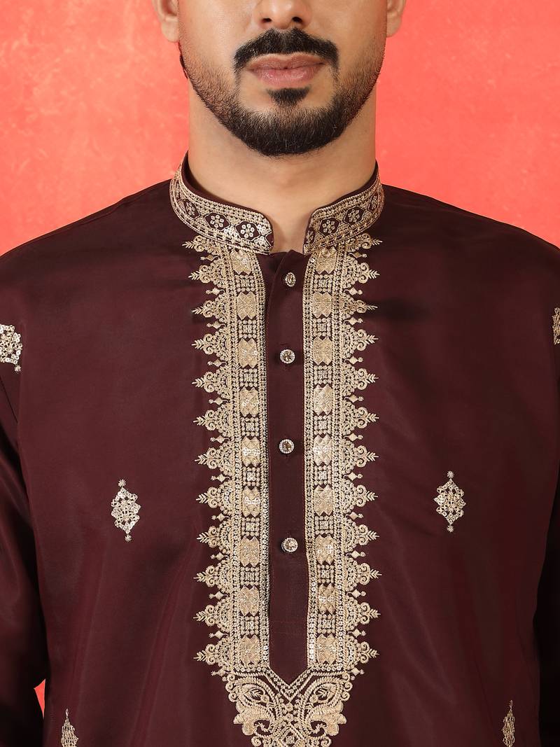 Cotton silk sequenced & embroidered maroon kurta