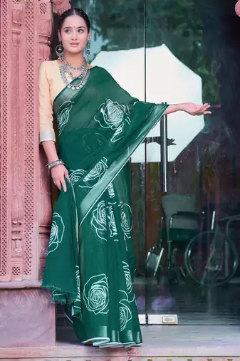 dark green cotton blend saree tonal floral print