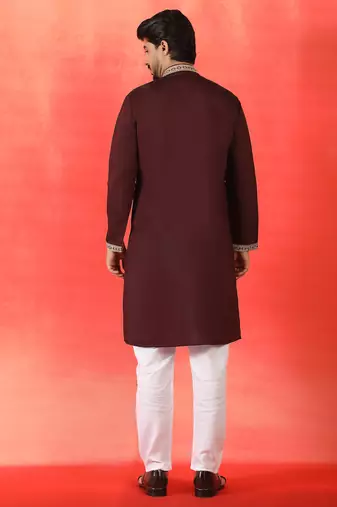 Cotton silk sequenced & embroidered maroon kurta