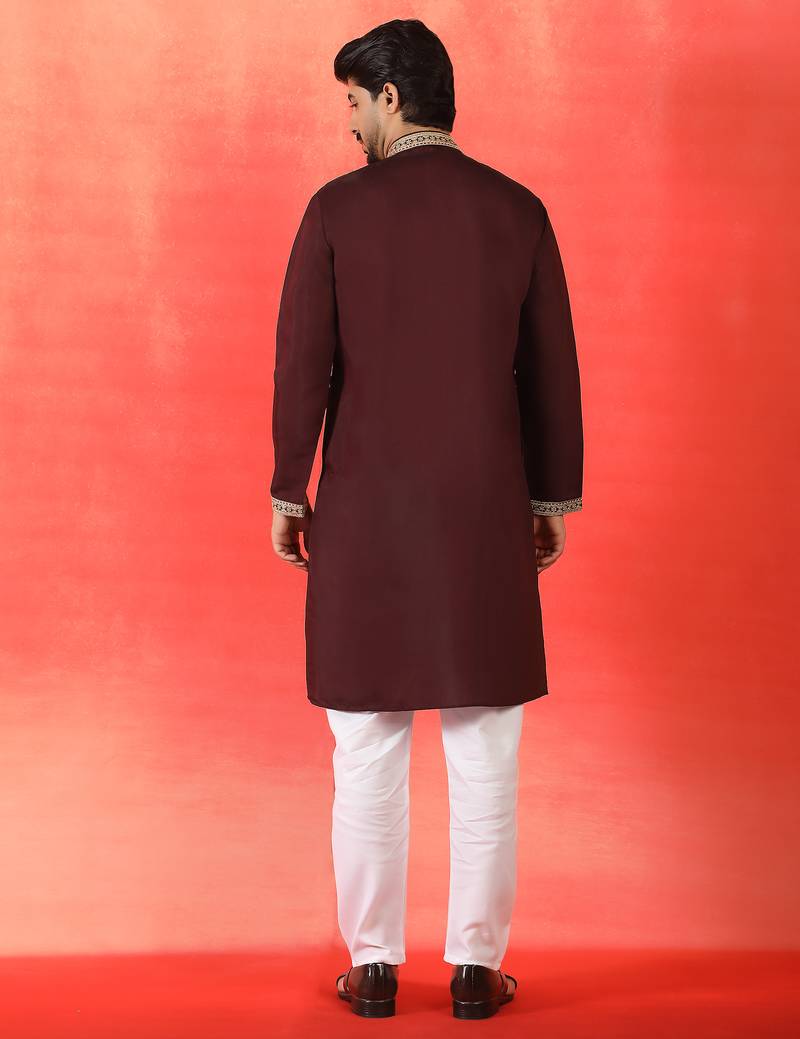 Cotton silk sequenced & embroidered maroon kurta