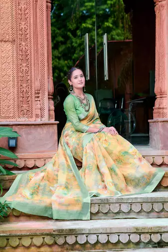 beige cotton blend saree floral print