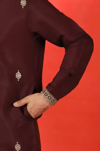 Cotton silk sequenced & embroidered maroon kurta