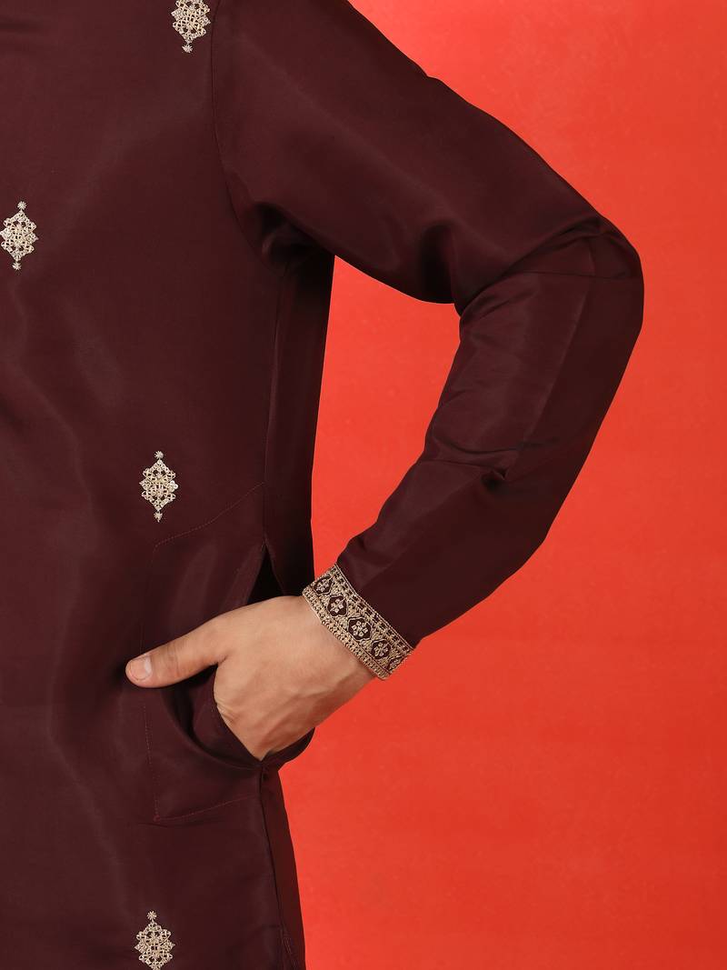 Cotton silk sequenced & embroidered maroon kurta