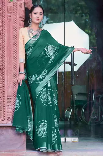 dark green cotton blend saree tonal floral print