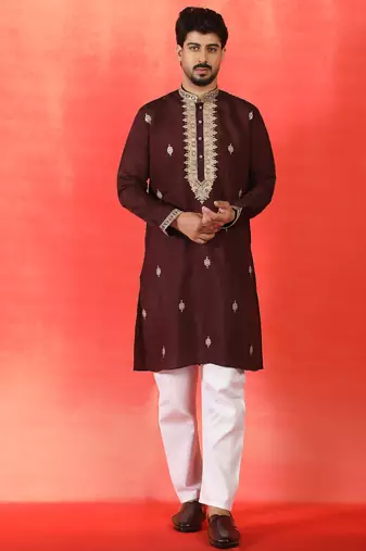 Cotton silk sequenced & embroidered maroon kurta