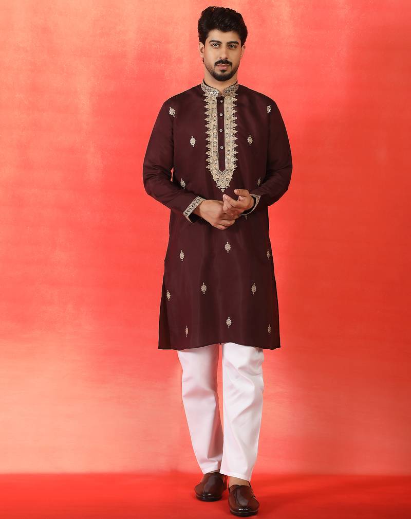 Cotton silk sequenced & embroidered maroon kurta