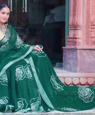 dark green cotton blend saree tonal floral print 4