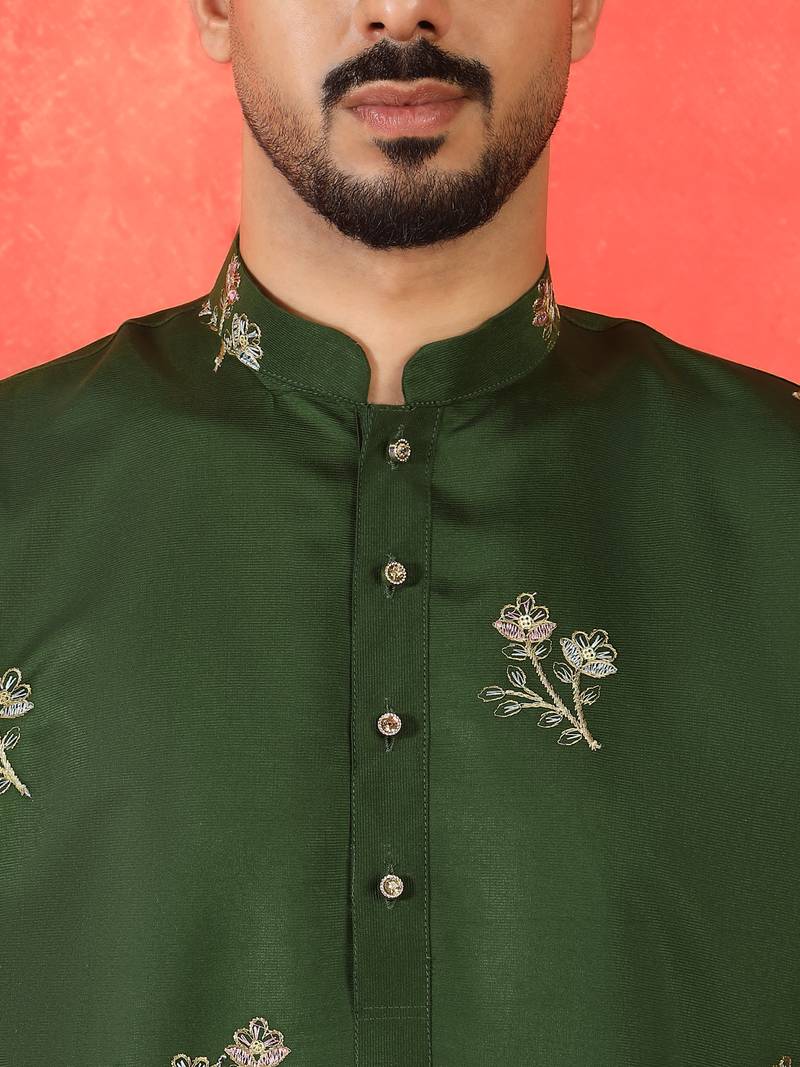 Cotton silk ethnic motifs embroidered green kurta