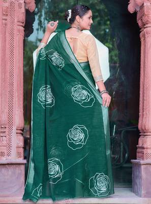 dark green cotton blend saree tonal floral print 5