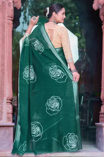 dark green cotton blend saree tonal floral print