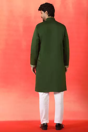 Cotton silk ethnic motifs embroidered green kurta