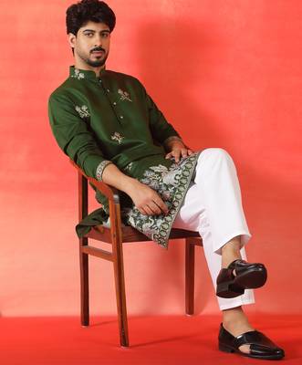 Cotton silk ethnic motifs embroidered green kurta 4