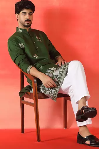 Cotton silk ethnic motifs embroidered green kurta