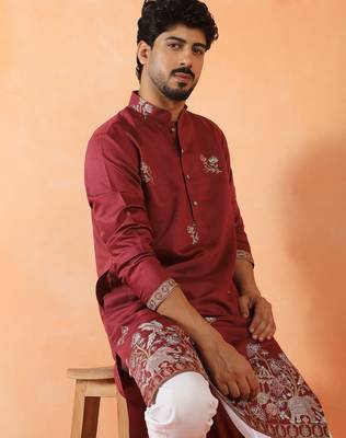 Cotton silk ethnic motifs embroidered maroon kurta 1
